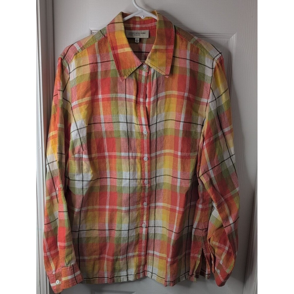 Jones New York 100% Linen Yellow Orange Green Plaid Button-Down Shirt Size 1X